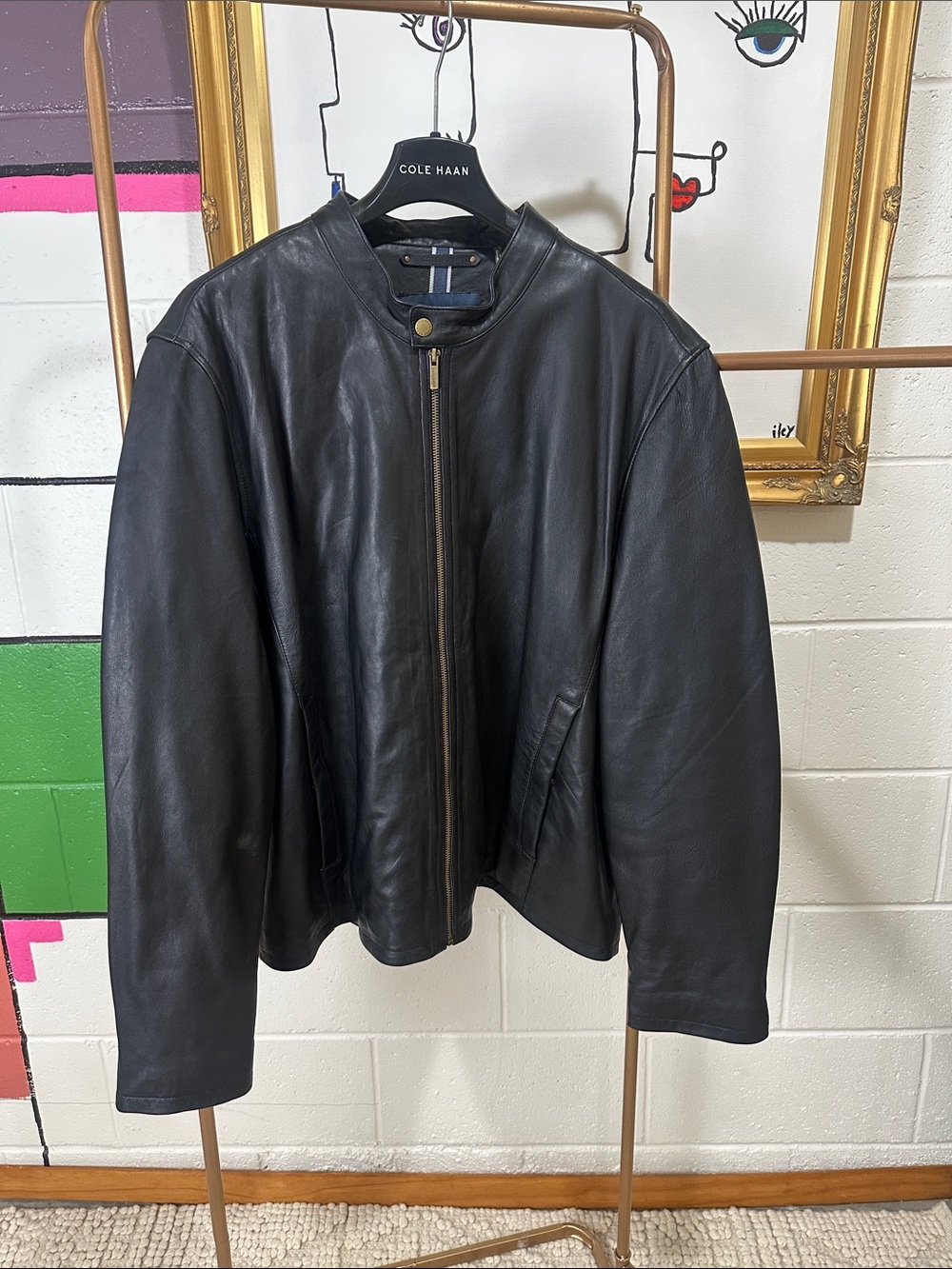 VINTAGE UNWORN Cole Haan Black Leather Jacket with Snap Collar